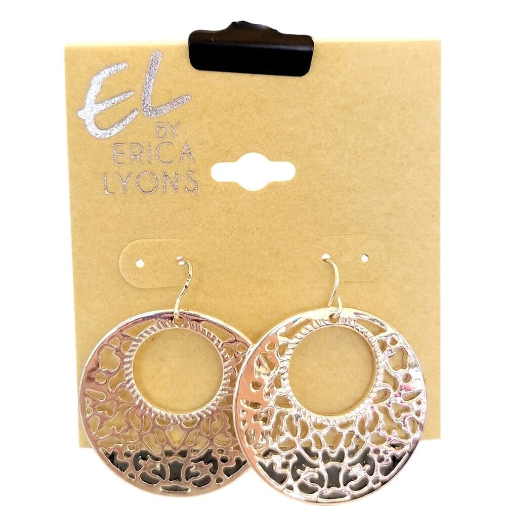 Erica Lyons Silver Tone Cutout Disc Earrings 1.27in Hook Pierced, Free Gift Bag